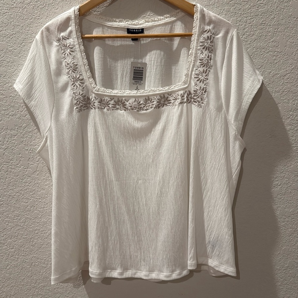 Torrid Ivory White Embroidered Crepe Square Neck Cap Sleeve Top
